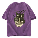 Tokyosol Simple Black Cat Eating Ramen Washed T Shirt