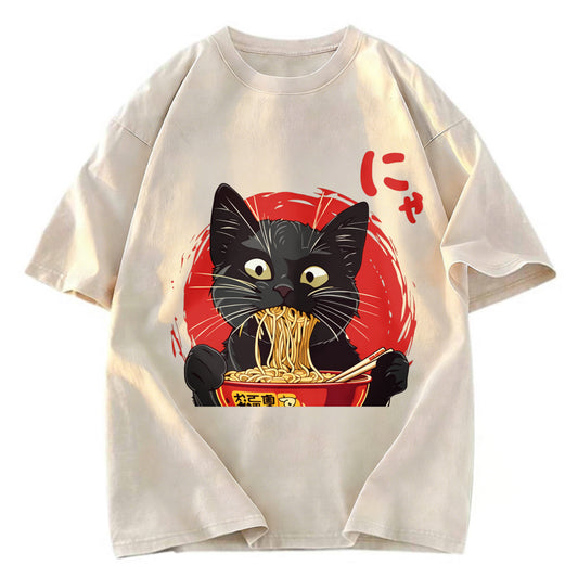 Tokyosol Japanese Ramen Black Cat Washed T Shirt