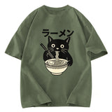 Tokyosol Simple Black Cat Eating Ramen Washed T Shirt