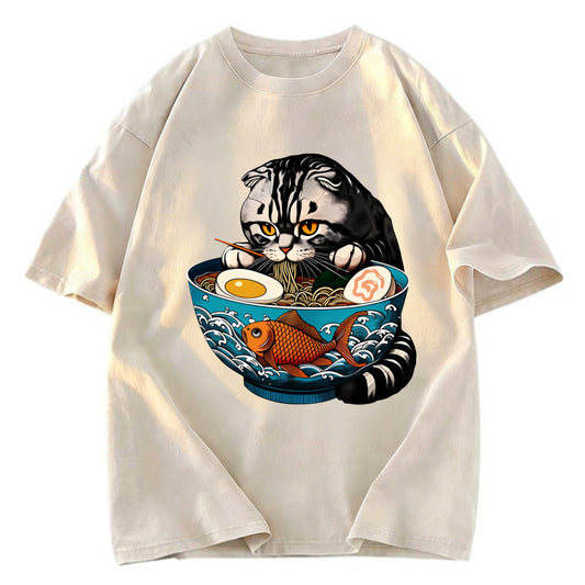 Tokyosol American Shorthair Cat Eating Ramen Washed T Shirt