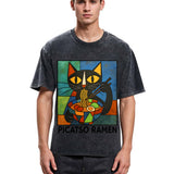 Tokyosol Abstract Cat Eating Ramen Washed T Shirt