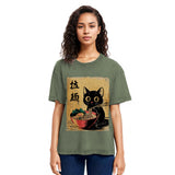 Tokyosol Retro Black Cat Eating Ramen Washed T Shirt