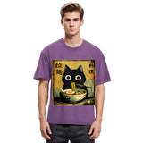 Tokyosol Cute Black Cat Eating Ramen Washed T-Shirt