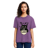 Tokyosol Simple Black Cat Eating Ramen Washed T Shirt