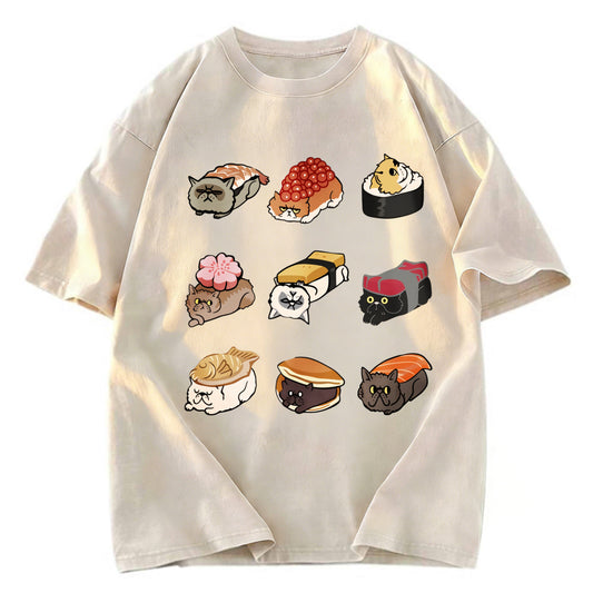 Tokyosol Cute Cat Sushi Washed T Shirt