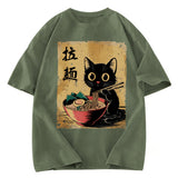 Tokyosol Retro Black Cat Eating Ramen Washed T Shirt