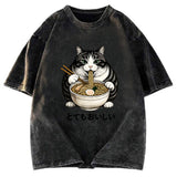Tokyosol Fat Cat Eating Delicious Ramen Washed T Shirt