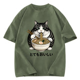 Tokyosol Fat Cat Eating Delicious Ramen Washed T Shirt