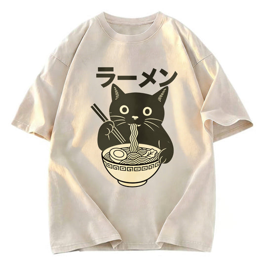 Tokyosol Simple Black Cat Eating Ramen Washed T Shirt