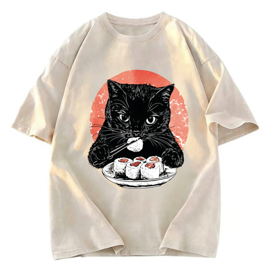 Tokyosol Cat Eating Delicious Sushi Washed T Shirt