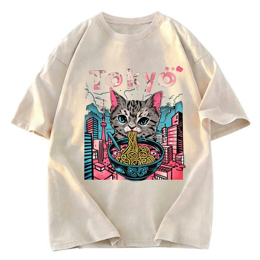 Tokyosol Tokyo Ramen Pink Cat Washed T Shirt