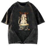 Tokyosol Cute Cat Eating Yummy Ramen Washed T Shirt