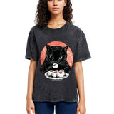 Tokyosol Cat Eating Delicious Sushi Washed T Shirt