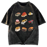Tokyosol Cute Cat Sushi Washed T Shirt