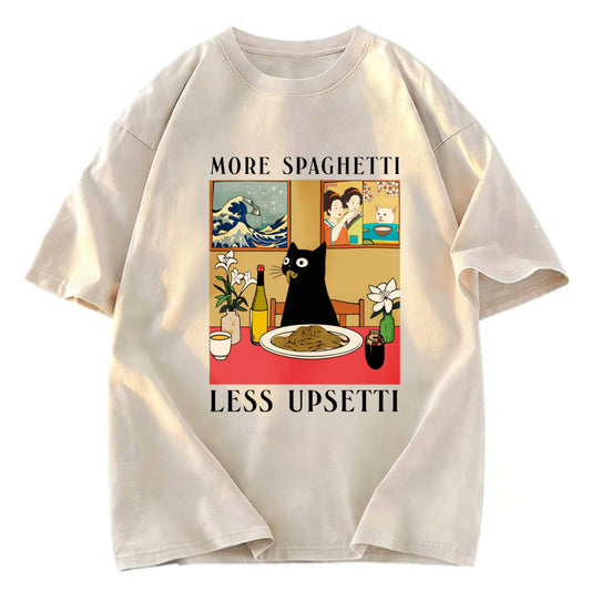 Tokyosol Cat Eating Pasta Washed T Shirt
