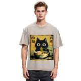 Tokyosol Cute Black Cat Eating Ramen Washed T-Shirt