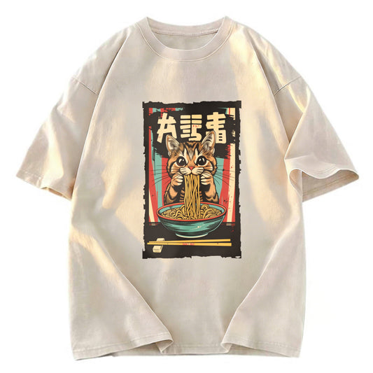 Tokyosol Kawaii Ramen Orange Cat Vintage Japanese Washed T Shirt
