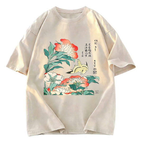 Tokyosol Hokusai Flowers Peonies Bird Washed T Shirt