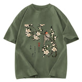 Tokyosol Japanese Bird And Wood Painting Washed T Shirt