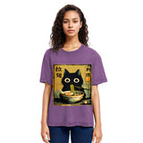 Tokyosol Cute Black Cat Eating Ramen Washed T-Shirt