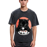 Tokyosol Cat Eating Delicious Sushi Washed T Shirt