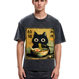 Tokyosol Cute Black Cat Eating Ramen Washed T-Shirt