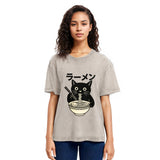 Tokyosol Simple Black Cat Eating Ramen Washed T Shirt