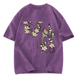 Tokyosol Japanese Bird And Wood Painting Washed T Shirt