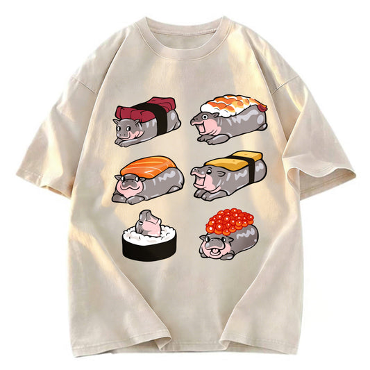 Tokyosol Cute Hippo Sushi Washed T Shirt Washed T Shirt
