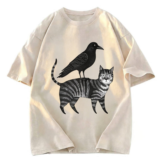 Tokyosol Crow Riding A Cat Washed T Shirt