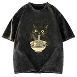 Tokyosol Simple Black Cat Eating Ramen Washed T Shirt
