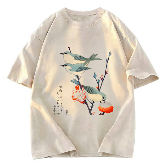 Tokyosol Japanese Art Birds On Cherry Blossom Washed T Shirt