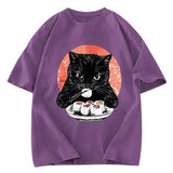 Tokyosol Cat Eating Delicious Sushi Washed T Shirt