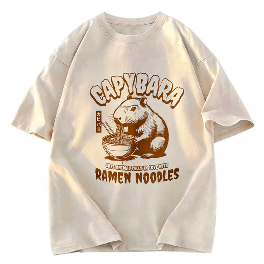 Tokyosol Retro Capybara Eating Ramen Washed T Shirt