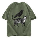 Tokyosol Crow Riding A Cat Washed T Shirt