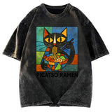 Tokyosol Abstract Cat Eating Ramen Washed T Shirt