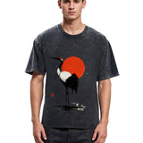 Tokyosol Retro Japanese Red Crowned Crane Washed T Shirt