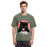 Tokyosol Cat Eating Delicious Sushi Washed T Shirt