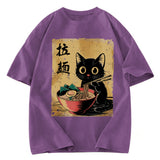 Tokyosol Retro Black Cat Eating Ramen Washed T Shirt