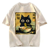 Tokyosol Cute Black Cat Eating Ramen Washed T-Shirt