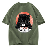 Tokyosol Cat Eating Delicious Sushi Washed T Shirt