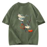Tokyosol Japanese Art Birds On Cherry Blossom Washed T Shirt