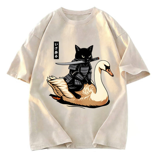 Tokyosol Black Cat Samurai Riding A Goose Washed T-Shirt