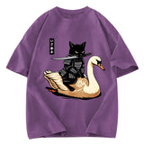Tokyosol Black Cat Samurai Riding A Goose Washed T-Shirt