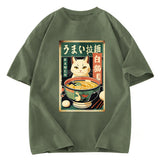 Tokyosol White Cat Eating Ramen Washed T Shirt