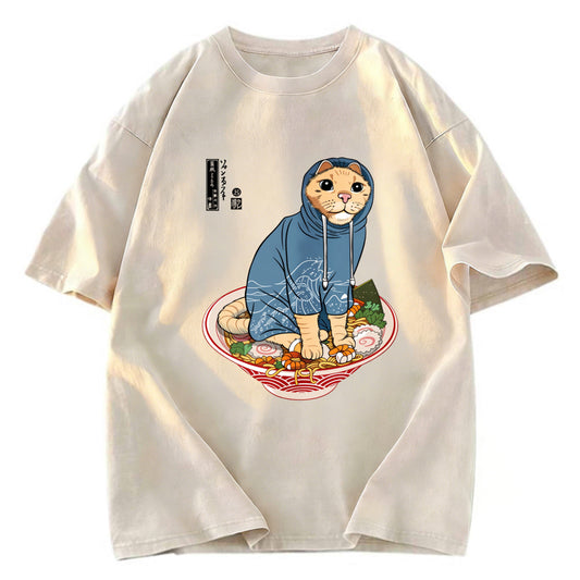 Tokyosol Japanese Cat On Ramen Washed T Shirt