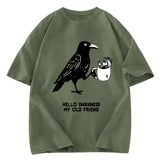 Tokyosol Crow Drinking Black Coffee Funny Washed T Shirt