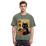 Tokyosol Retro Black Cat Eating Ramen Washed T Shirt