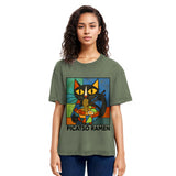 Tokyosol Abstract Cat Eating Ramen Washed T Shirt