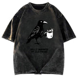 Tokyosol Crow Drinking Black Coffee Funny Washed T Shirt